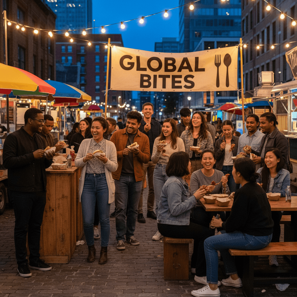 Happy customers enjoying street food casual urban dining experience outdoor gathering