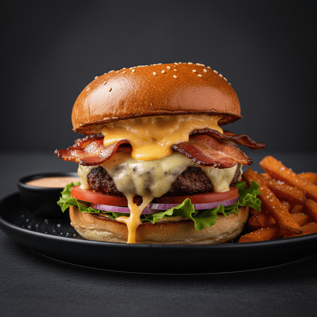 Gourmet burger with melted cheese bacon and fresh toppings on modern plate with dark background