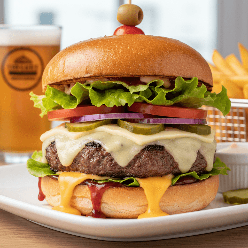 Hamburguesa gourmet con queso derretido y toppings frescos
