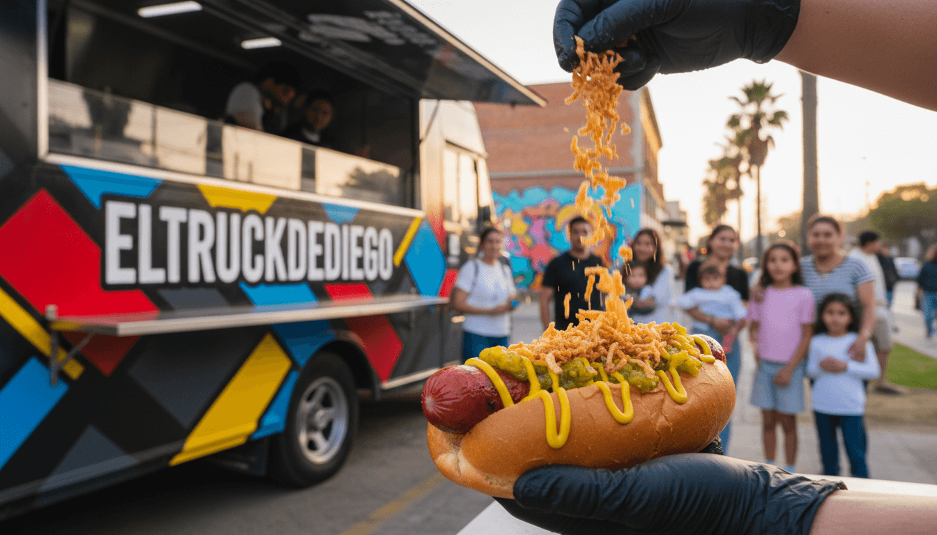 Hot dog with mustard, relish, and crispy onions being prepared on a food truck counter