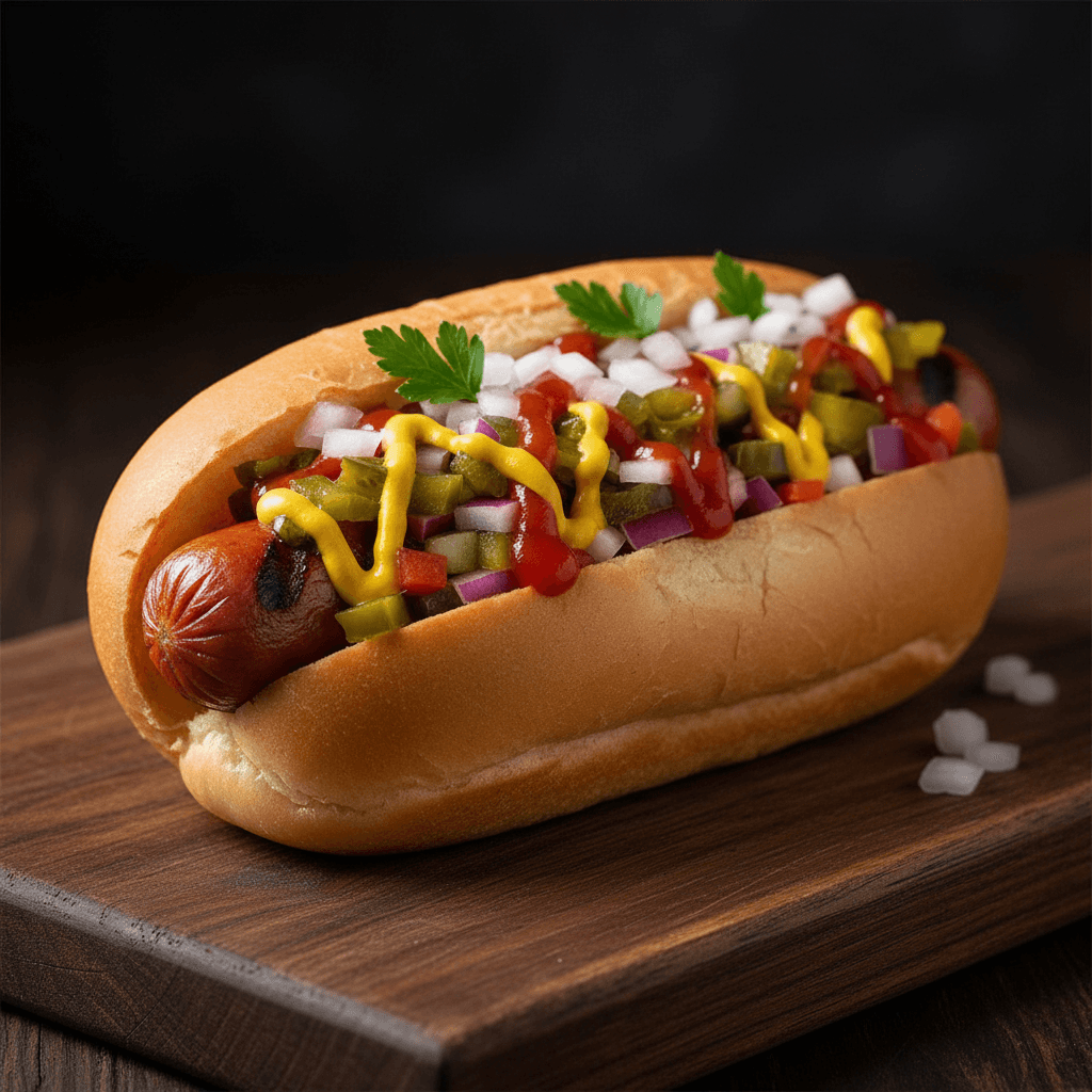 Hot dog clásico con aderezos frescos