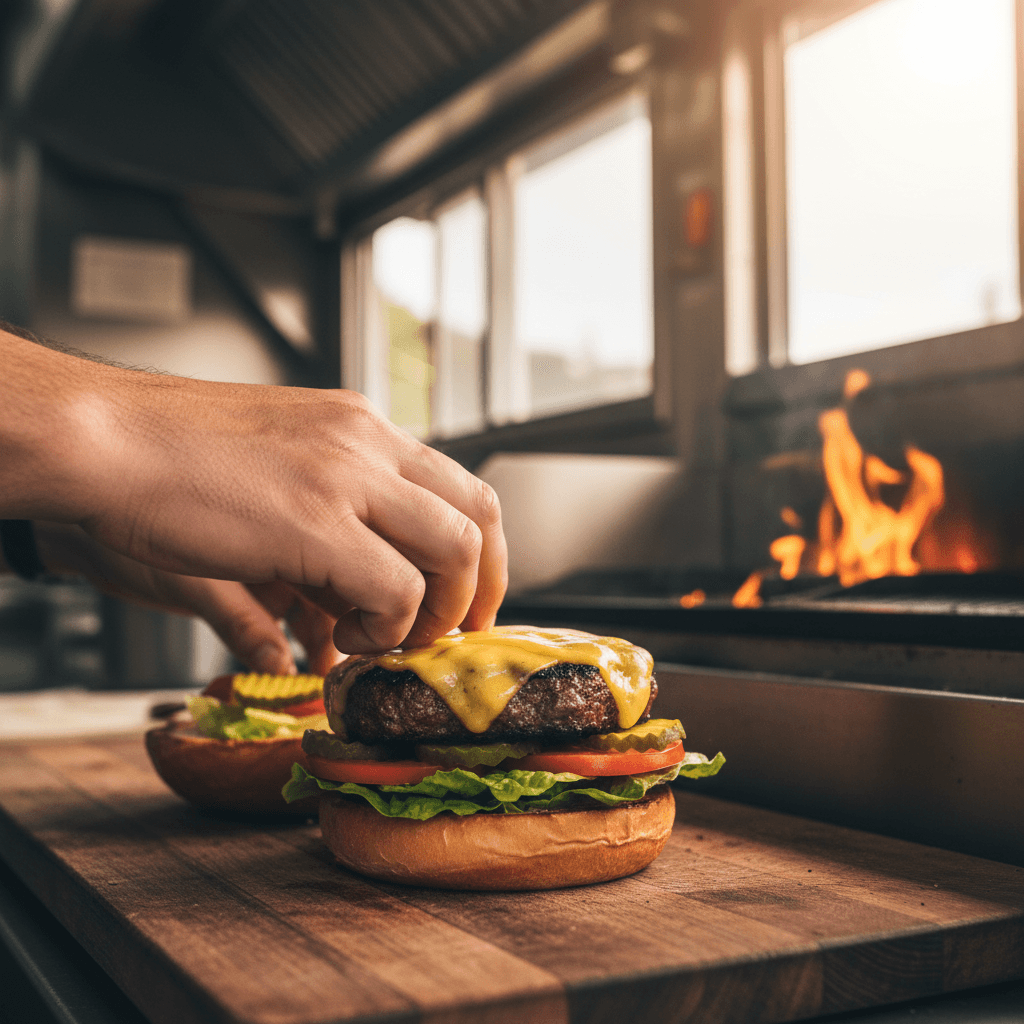 Chef hands assembling flame-grilled burger with fresh toppings and melted cheese on brioche bun in food truck kitchen