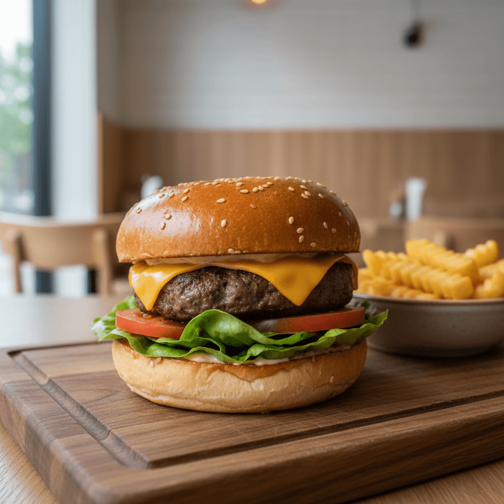 Burger gourmet con papas recién hechas