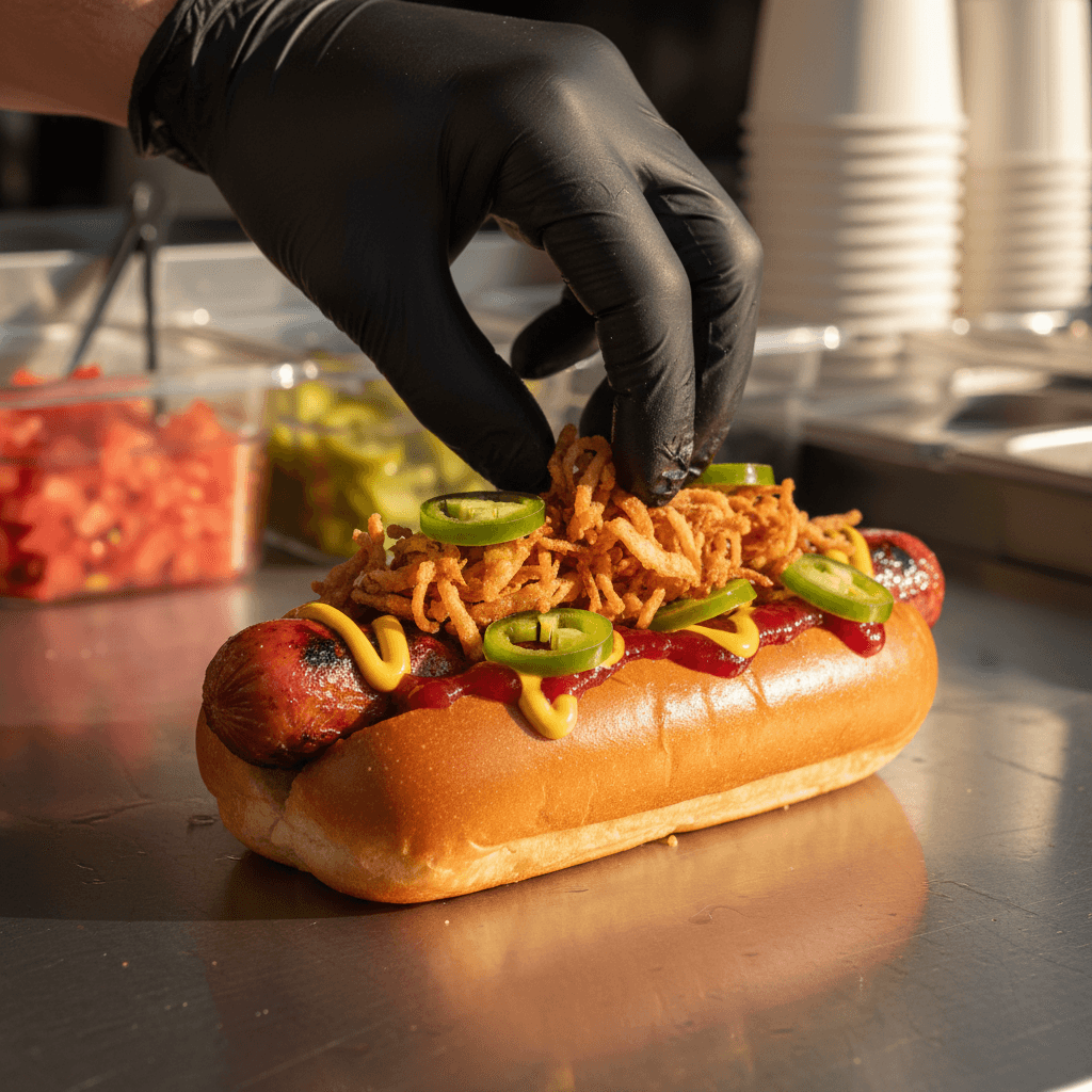 Freshly prepared hot dog with mustard, relish, and crispy onion toppings being placed in toasted bun on stainless steel counter